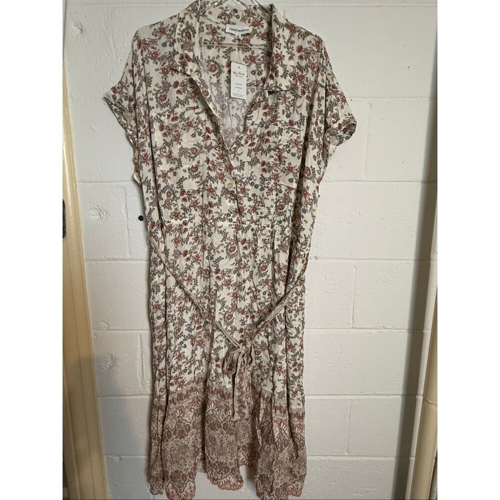 Lucky Brand Sand Border Floral Midi Dress Women’s 3X Boho Prairie Cottagecore NW